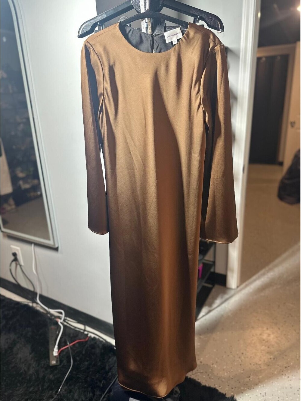 Lavender Brown McKenna Dress Cocoa Camel Satin Maxi Dress Size L NWT USA - Picture 5 of 5